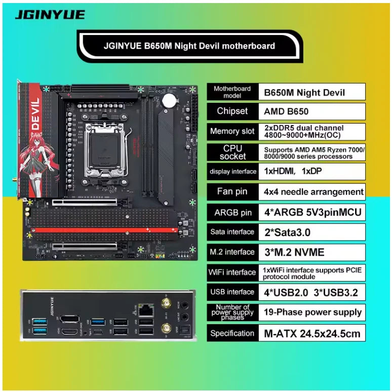 JGINYUE B650M Night Devil MATX Motherboard DDR5 AMD Ryzen AM5 Desktop - GPU Hub