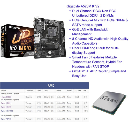 Gigabyte A520M K V2 M-ATX Motherboard + AMD Ryzen 5700X 5600X 5600 5500 AM4 CPU - GPU Hub