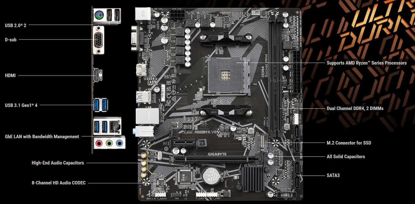 Gigabyte A520M K V2 Motherboard AM4 Ultra Durable GbE LAN Bandwidth Management - GPU Hub