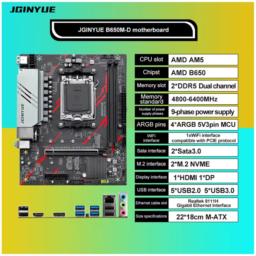 JGINYUE B650M D Motherboard AMD Ryzen AM5 Socket DDR5 MATX ARGB - GPU Hub