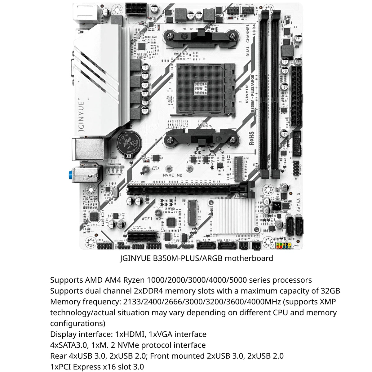 JGINYUE B350M PLUS ARGB Motherboard AMD Ryzen AM4 Socket DDR4 - GPU Hub