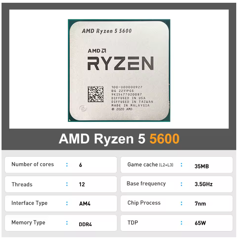 AMD Ryzen 5 5600 CPU AM4 Zen 3 Boxed AMD Wraith Stealth Cooler Included