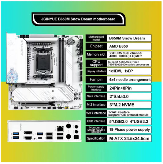 JGINYUE B650M Snow Dream MATX Motherboard DDR5 AMD Ryzen AM5 Desktop