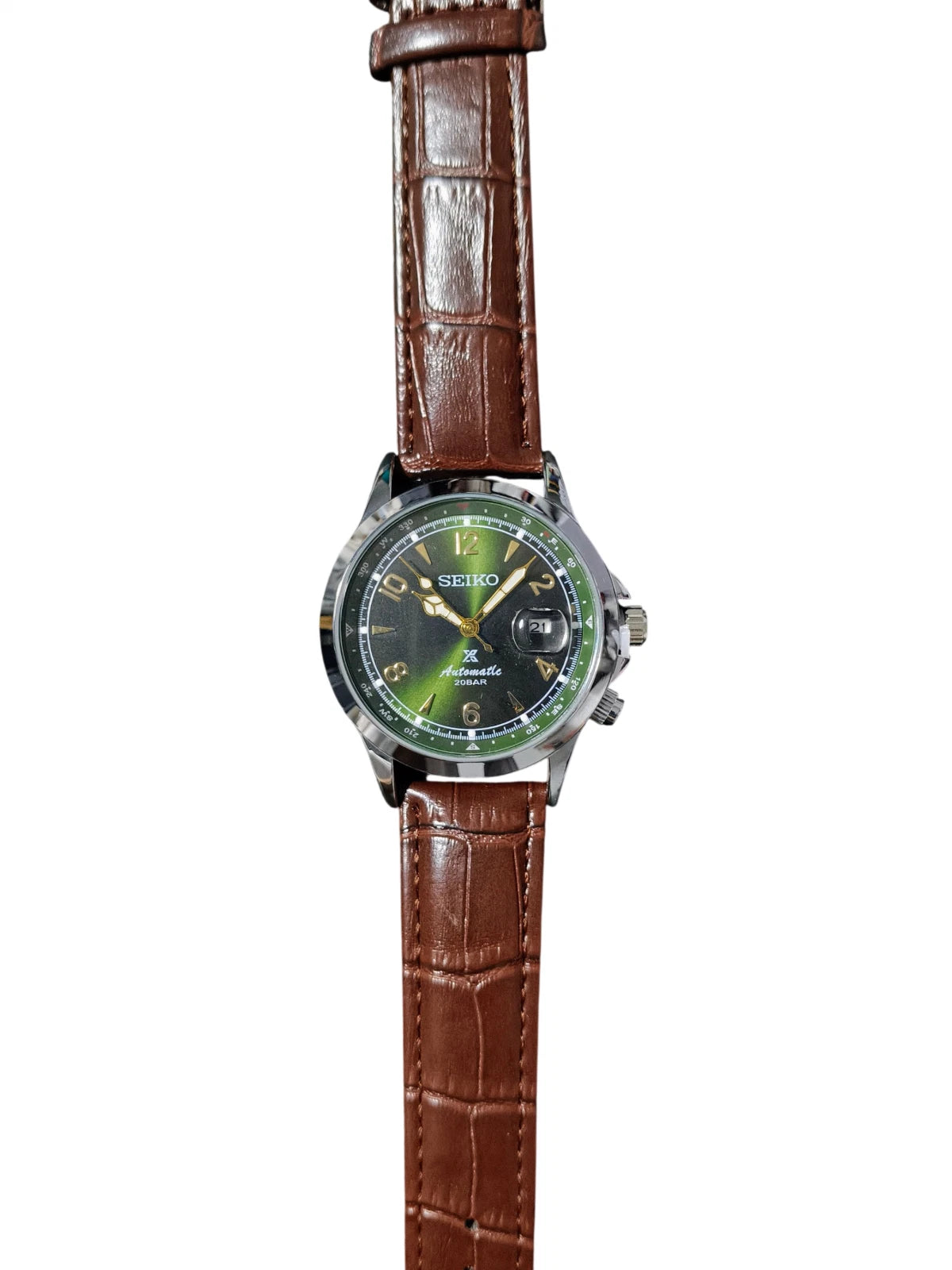 Seiko Watch Mens Green Brown Wristwatch