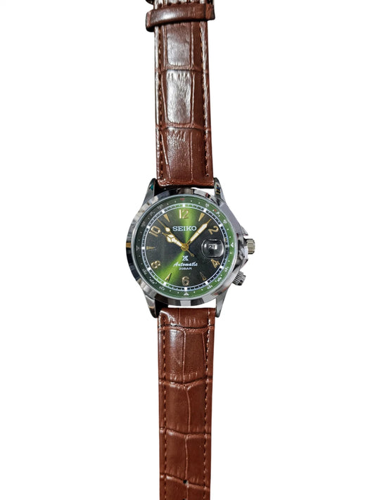 Seiko Watch Mens Green Brown Wristwatch