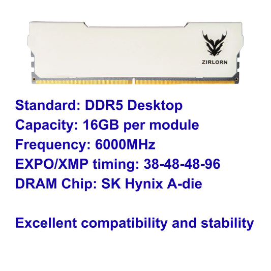 ZIRLORN DDR5 RAM 32GB (2 x 16GB) 6000 Mhz EXPO XMP 3.0 Memory SK Hynix A-Die - GPU Hub