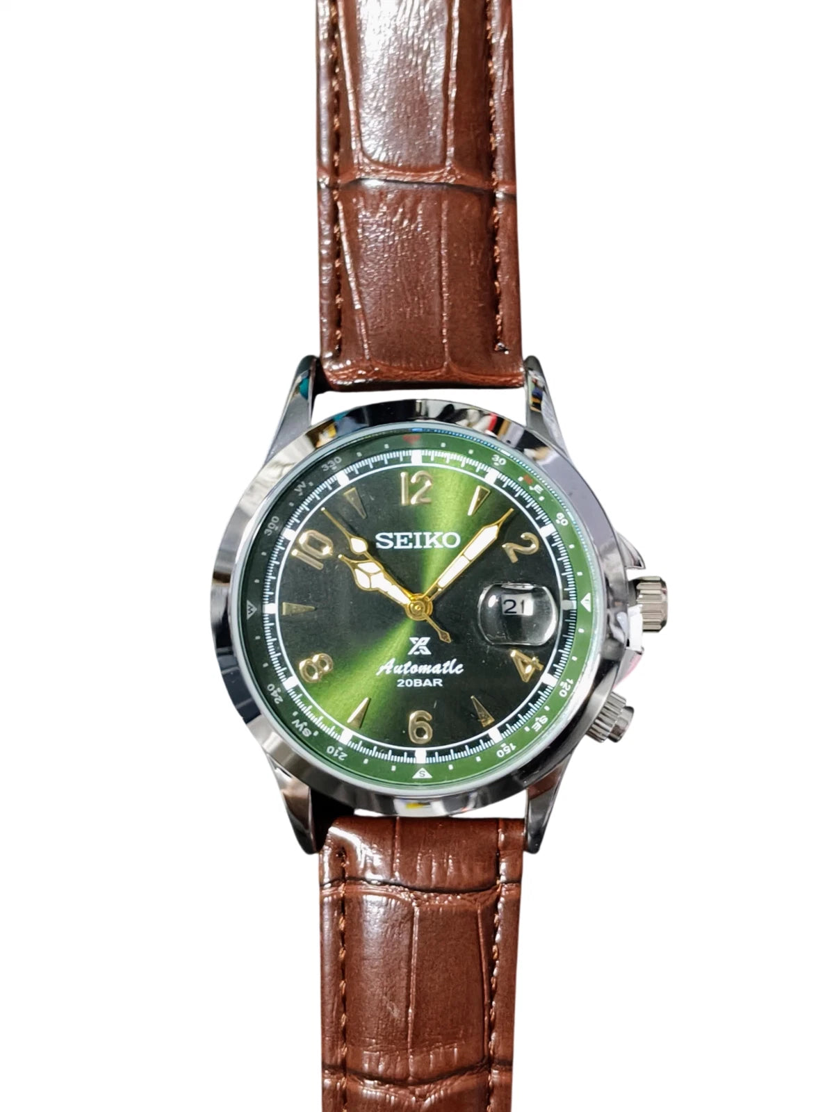 Seiko Watch Mens Green Brown Wristwatch